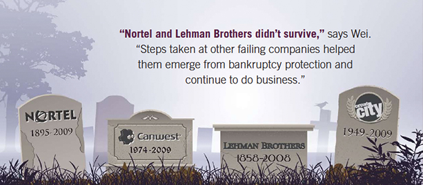 Nortel and Lehman Brother didn't survive, says Wei. Steps taken at other failing companies helped them emerge from bankruptcy protection and continue to do business.